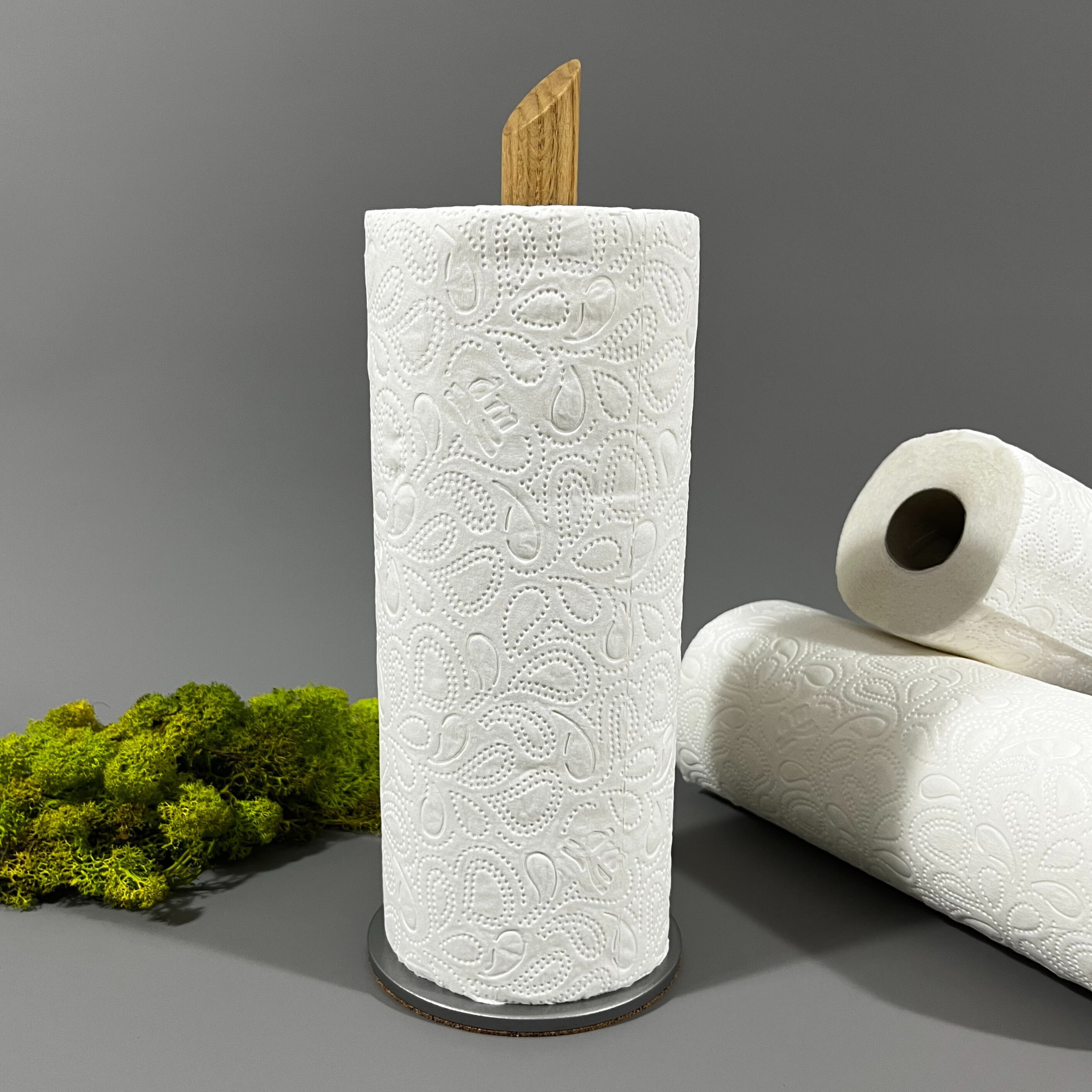 Küchenrollenhalter aus Holz - Metallfuß in Silbergrau