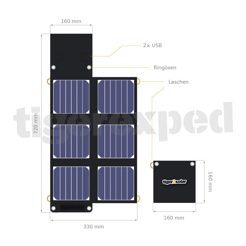 Solartasche 20Wp "nano tiger 20/USB" mit 2xUSB (super klein faltbar, 6x3.5W)